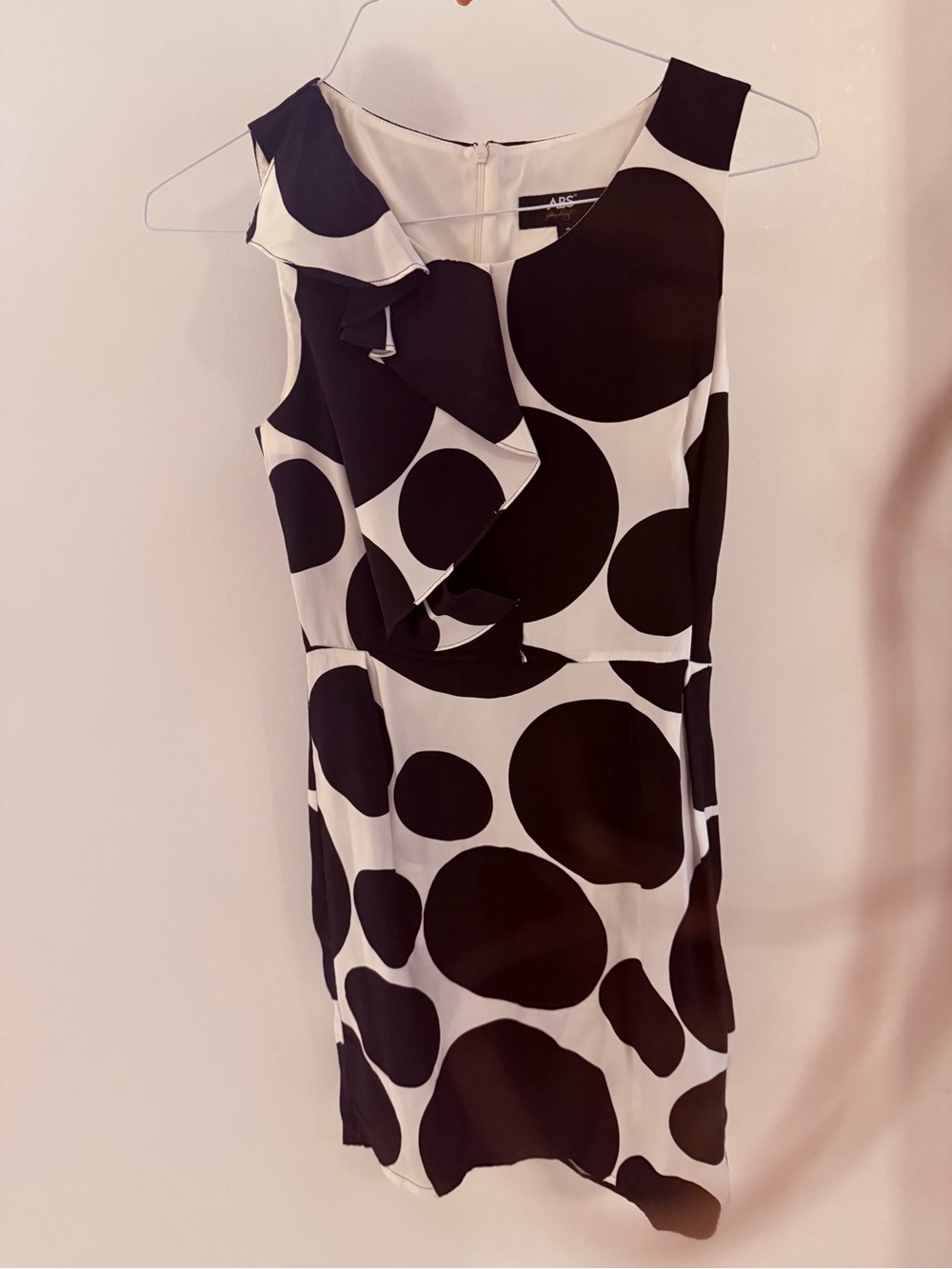 ABS Allen Schwartz 100% Silk Black & White Polka Ruffle Sheath Dress